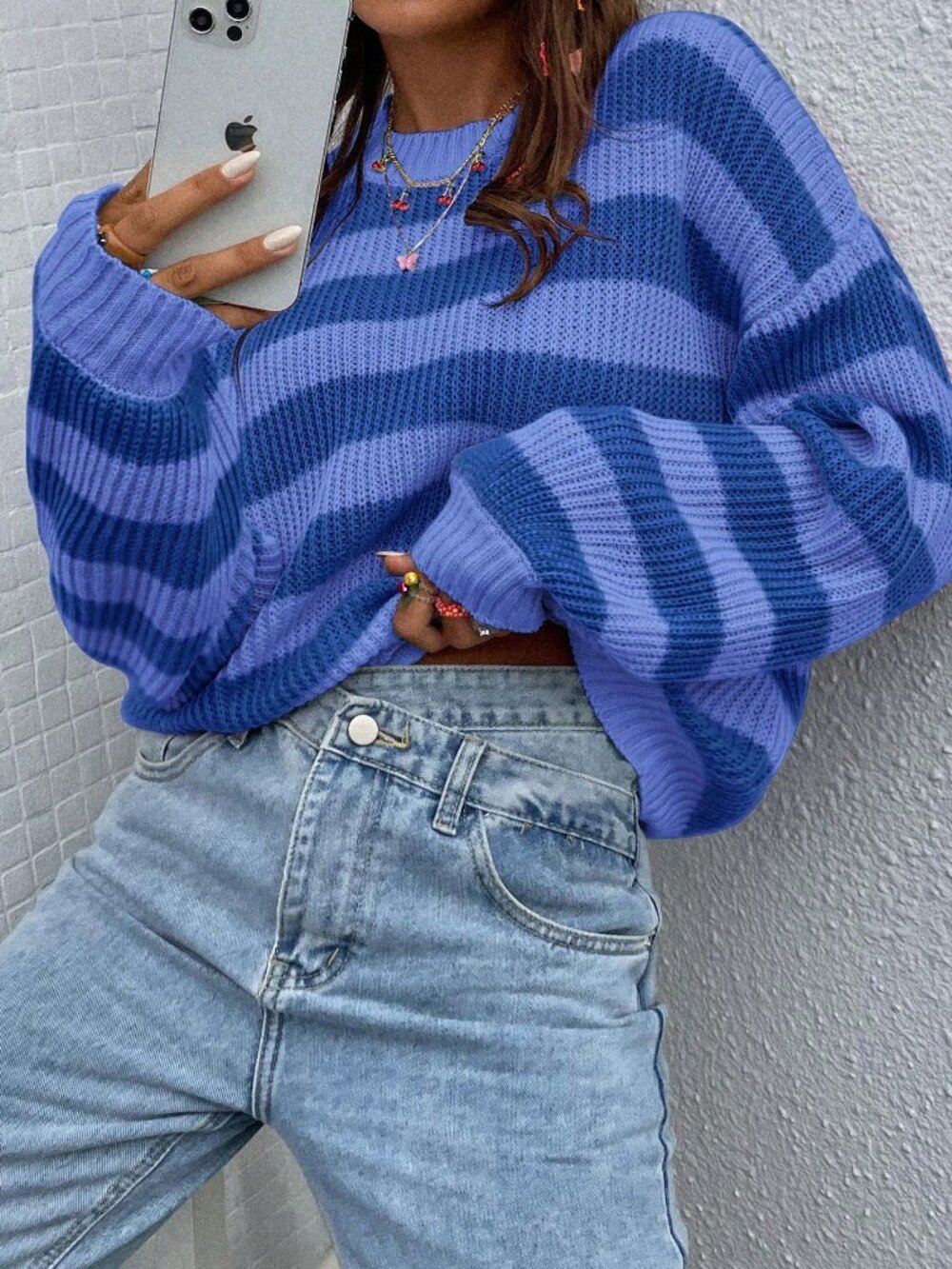 Blue Casual Women's Striped Drop Shoulder Sweater - Picture 5 of 7